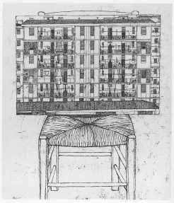 Casa sulla sedia, 1972, acquaforte, cm 27,4x22,4. Galleria degli Uffizi, Gabinetto delle Stampe, Firenze